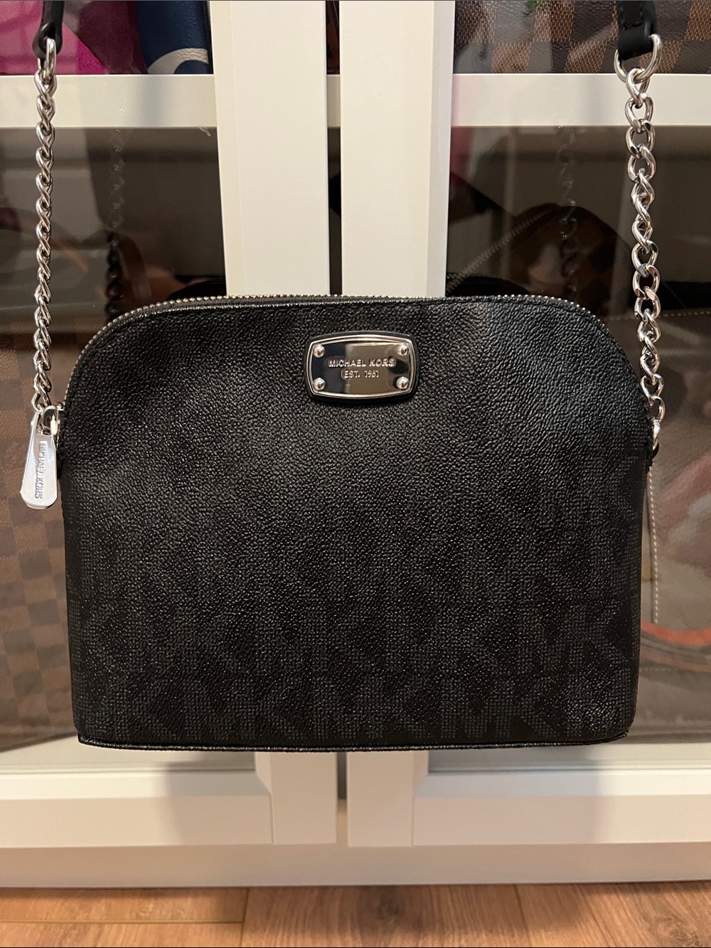 Michael Kors Black Logo Mini Cindy Crossbody with Silver Chain Trim